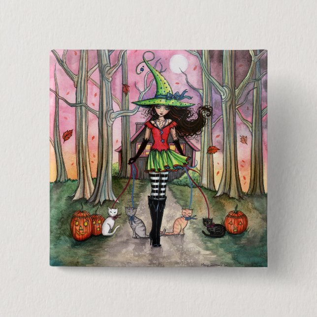 Halloween Witch and Cat Pinback Button (Front)