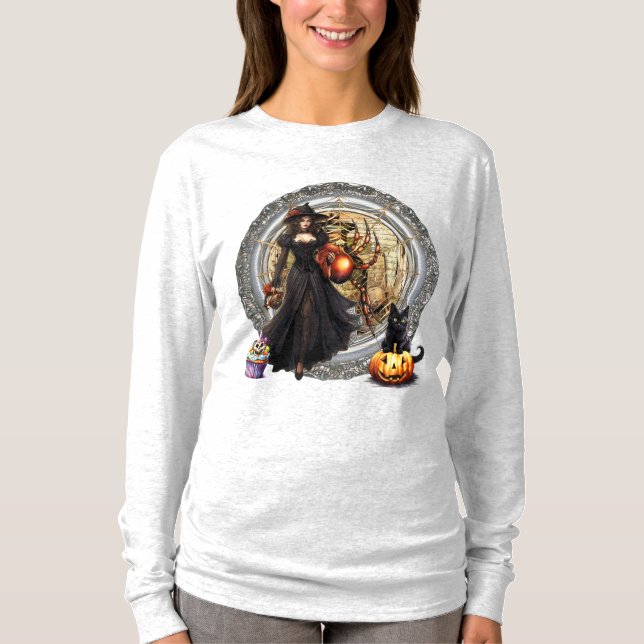 Halloween Witch And Cat T-Shirt (Front)