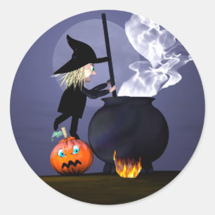 Halloween Witch and Cauldron Classic Round Sticker