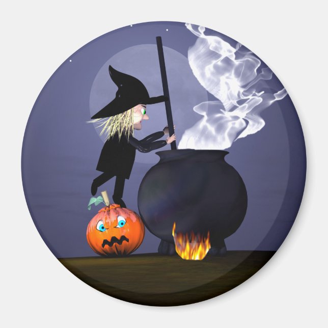 Halloween Witch and Cauldron Magnet (Front)