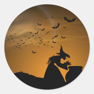 Halloween Witch and Cauldron with Bats Classic Round Sticker