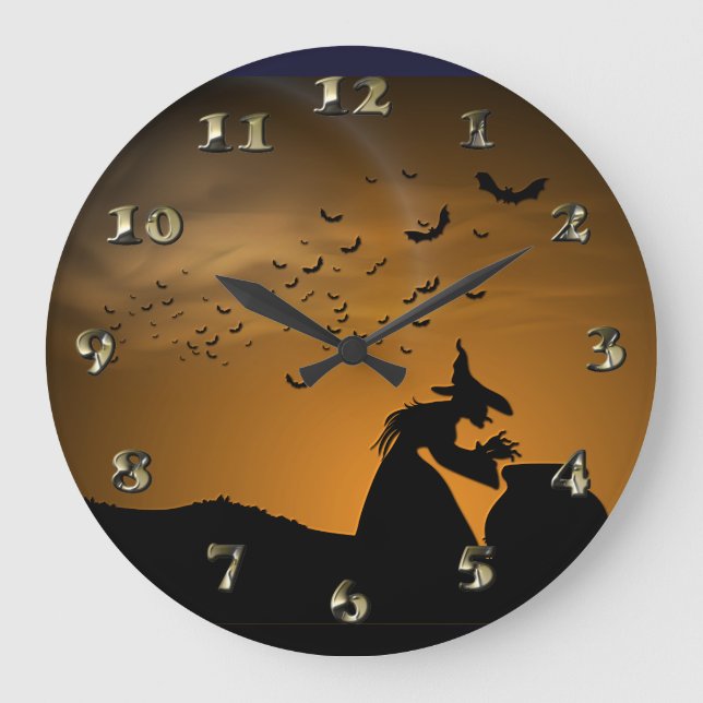 Halloween Witch and Cauldron with Bats Large Clock (Front)