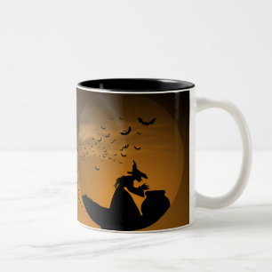 Halloween Witch and Cauldron with Bats Two-Tone Coffee Mug