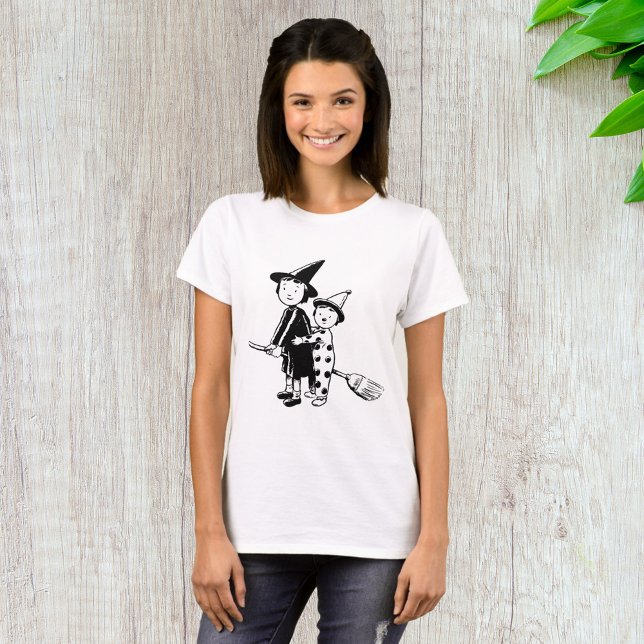 Halloween Witch and Clown Riding Broomstick T-Shirt (Creator Uploaded)