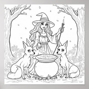 Halloween witch and foxes colouring page poster