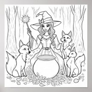 Halloween witch and foxes colouring page poster
