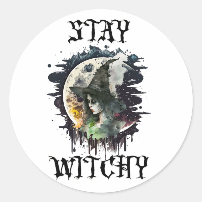 Halloween Witch and Full Moon Classic Round Sticker (Front)
