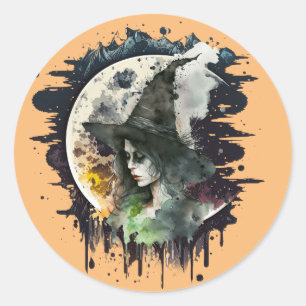 Halloween Witch and Full Moon Classic Round Sticker