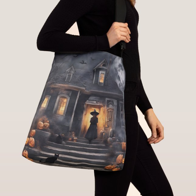 Halloween Witch and Haunted House Crossbody Bag (Close Up)