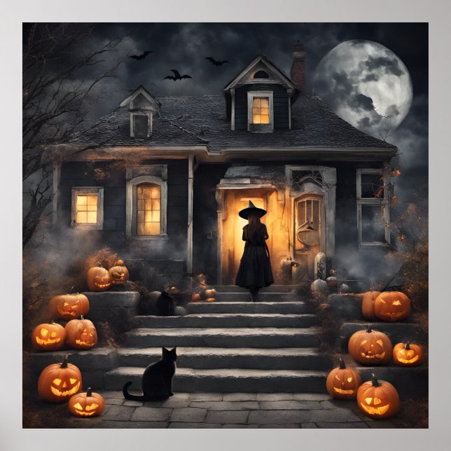 Halloween Witch and Haunted House Poster (Front)