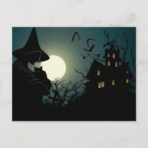 Halloween: witch and hounted house postcard