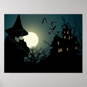 Halloween: witch and hounted house poster