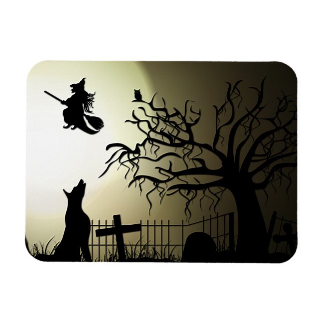 Halloween Witch and Howling Dog Magnet (Horizontal)