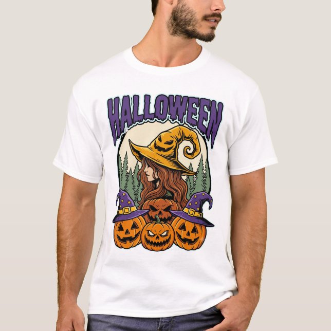 Halloween Witch and Jack O Lantern Forest Vector T-Shirt (Front)