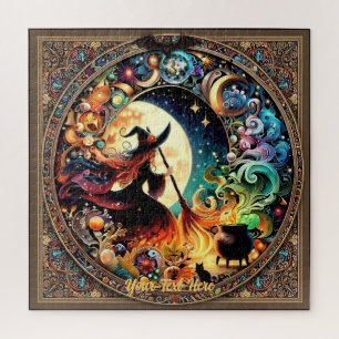 Halloween Witch and Magic Cauldron Under Full Moon Jigsaw Puzzle