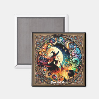 Halloween Witch and Magic Cauldron Under Full Moon Magnet