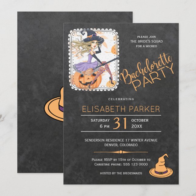 Halloween witch and pumpkin bachelorette party invitation (Front/Back)