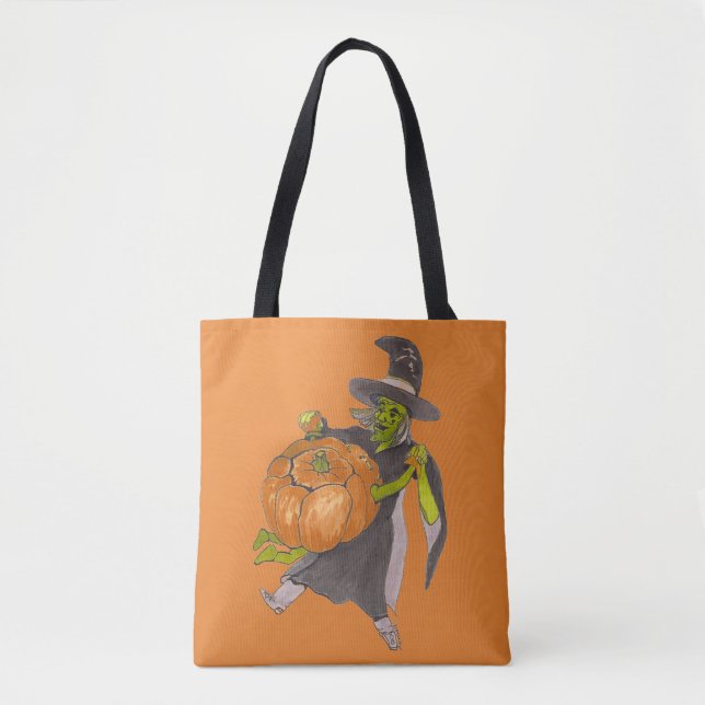 Halloween Witch and Pumpkin Dance Funny Designed Tote Bag (Front)