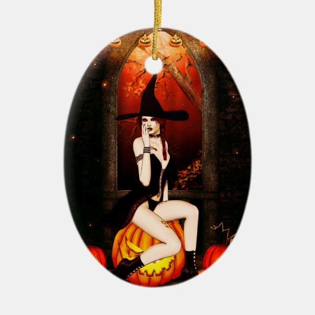 Halloween Witch and pumpkins Ceramic Tree Decoration (Front)