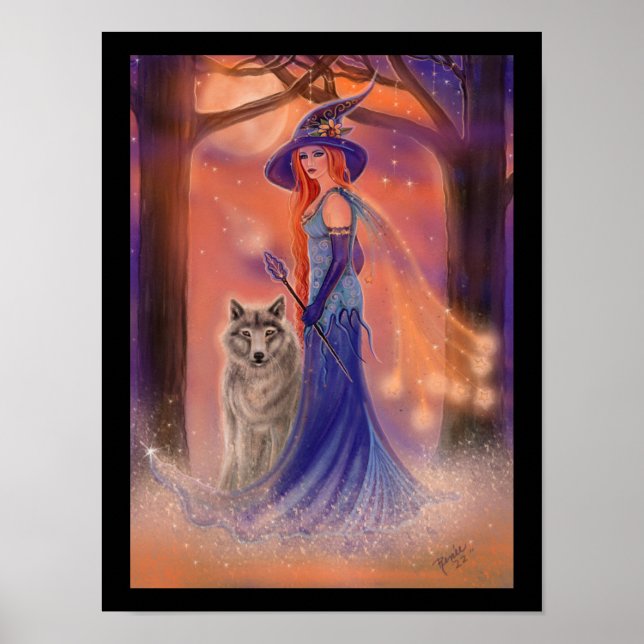Halloween witch and wolf by Renee Lavoie Poster (Front)