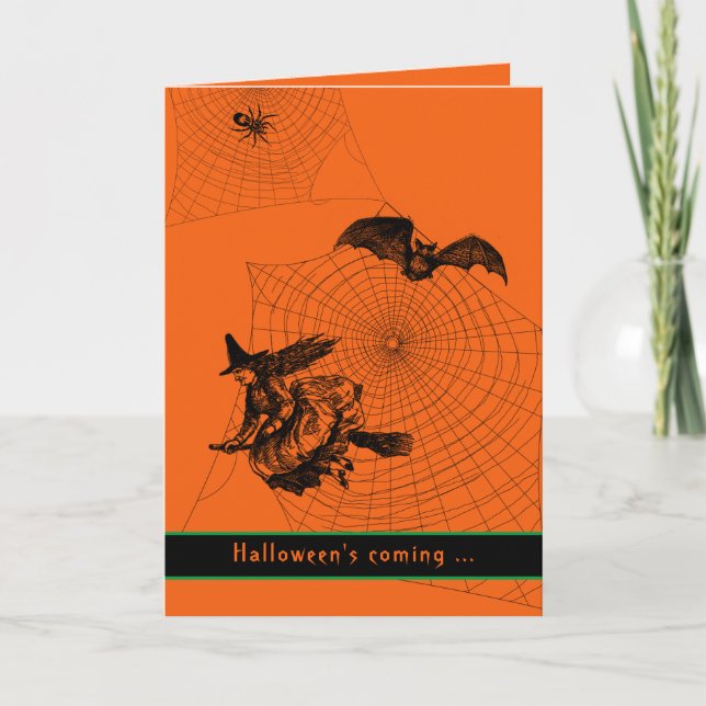 Halloween Witch Bat Spider Scary Orange Folded fun Card (Front)