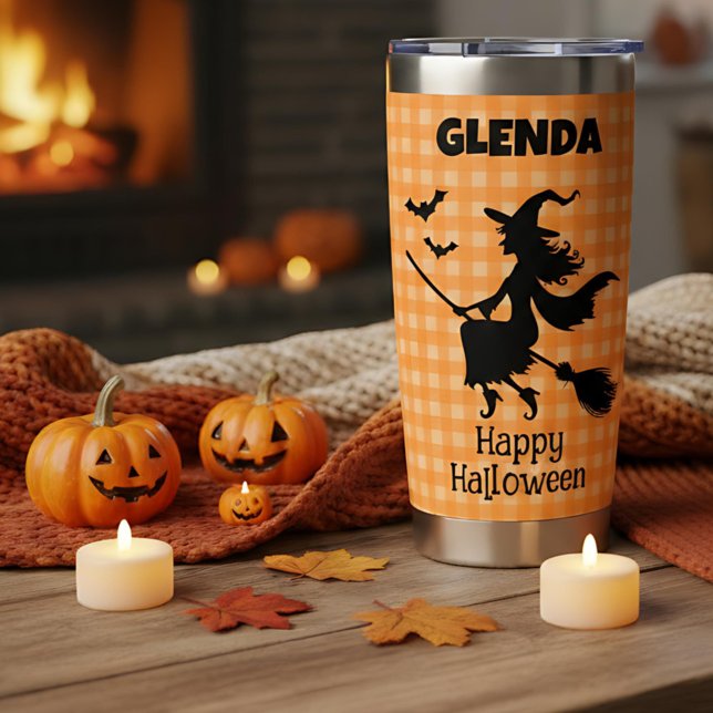 Halloween Witch & Bats Orange Plaid Custom Name Insulated Tumbler (Creator Uploaded)