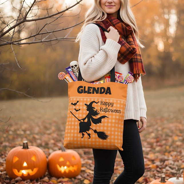 Halloween Witch & Bats Orange Plaid Custom Name Tote Bag (Creator Uploaded)