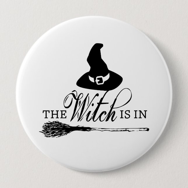 Halloween Witch Black and White Button Pin Badge (Front)