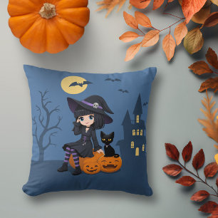 Halloween Witch, Black Cat, and Curved Pumpkins Cushion