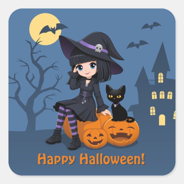 Halloween Witch, Black Cat, and Curved Pumpkins Square Sticker (Front)