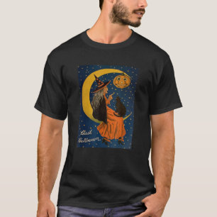 Halloween Witch Black Cat and Jack O Lantern Vin T-Shirt