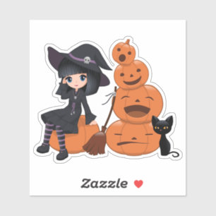 Halloween Witch, Black Cat, and Pumpkins