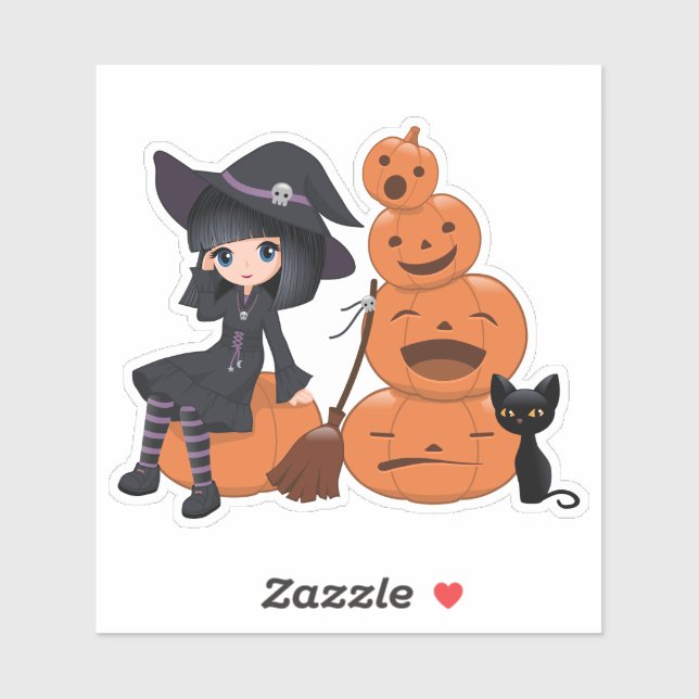 Halloween Witch, Black Cat, and Pumpkins (Sheet)