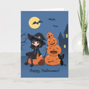 Halloween Witch, Black Cat, and Pumpkins Card
