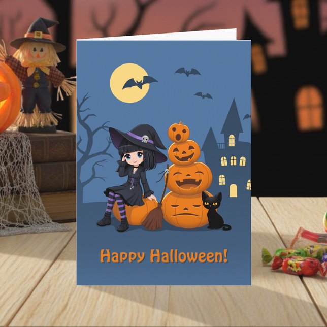 Halloween Witch, Black Cat, and Pumpkins Card (Creator Uploaded)