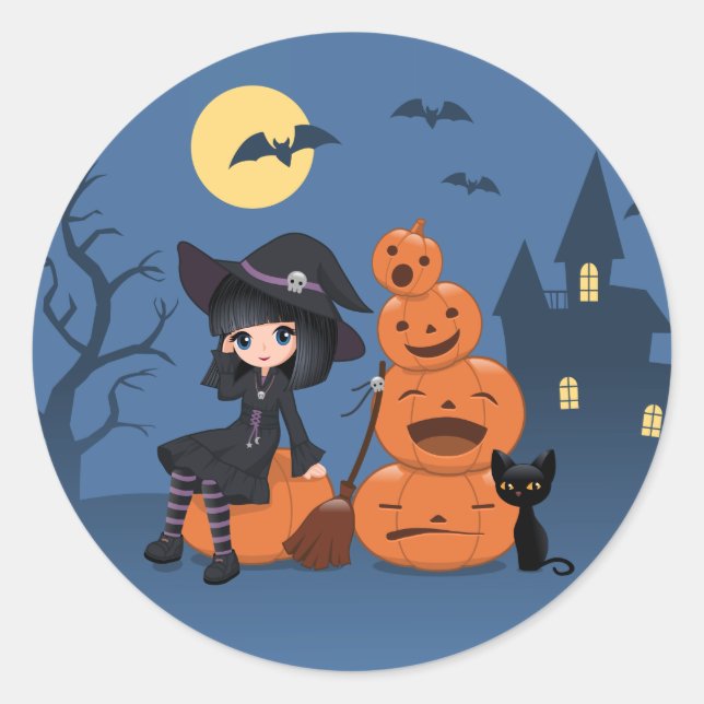 Halloween Witch, Black Cat, and Pumpkins on Blue Classic Round Sticker (Front)