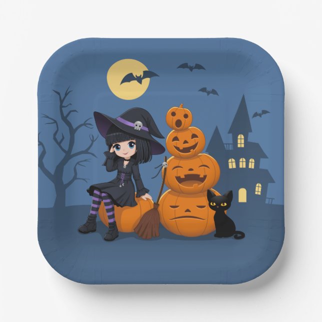 Halloween Witch, Black Cat, and Pumpkins Paper Plate (Front)