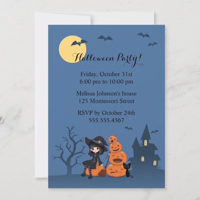 Halloween Witch, Black Cat, and Pumpkins Party Invitation (Front)