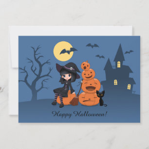 Halloween Witch, Black Cat, and Pumpkins Party Invitation