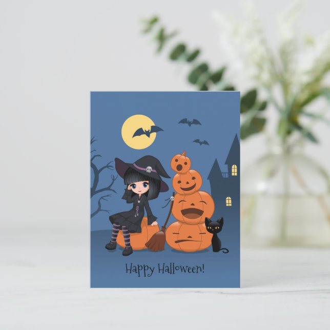 Halloween Witch, Black Cat, and Pumpkins Postcard (Standing Front)