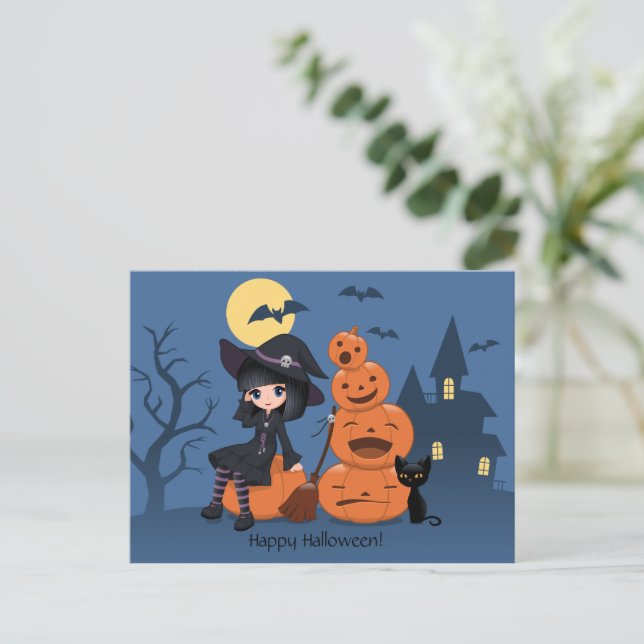 Halloween Witch, Black Cat, and Pumpkins Postcard (Standing Front)