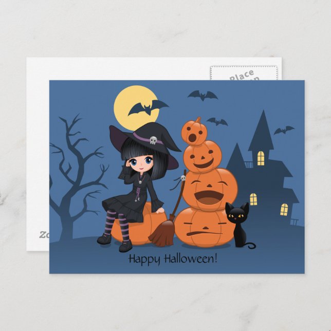 Halloween Witch, Black Cat, and Pumpkins Postcard (Front/Back)