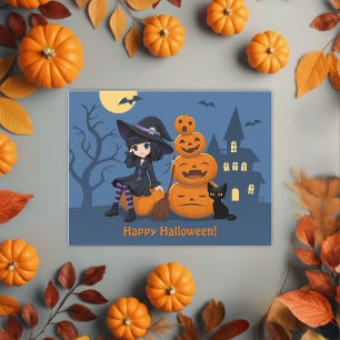Halloween Witch, Black Cat, and Pumpkins Postcard