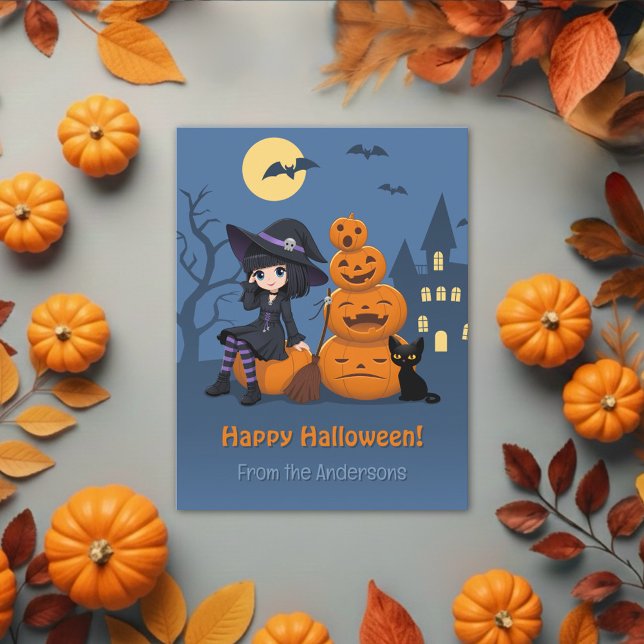 Halloween Witch, Black Cat, and Pumpkins Postcard (Creator Uploaded)