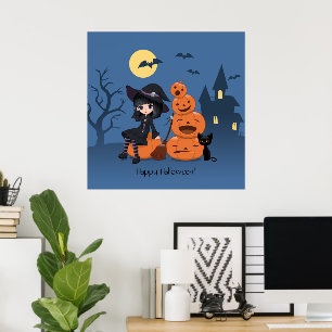 Halloween Witch, Black Cat, and Pumpkins Poster