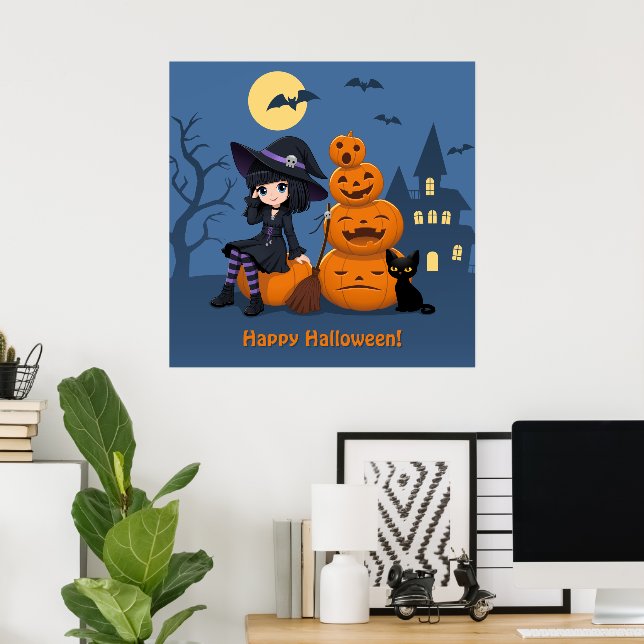 Halloween Witch, Black Cat, and Pumpkins Poster (Home Office)