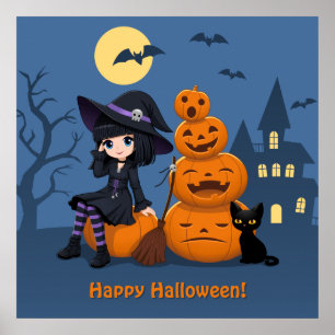 Halloween Witch, Black Cat, and Pumpkins Poster