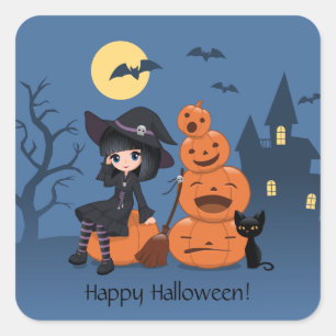 Halloween Witch, Black Cat, and Pumpkins Square Sticker