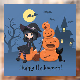Halloween Witch, Black Cat, and Pumpkins Window Cling