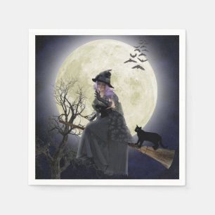 Halloween Witch, Black Cat, Bats and Full Moon Napkin